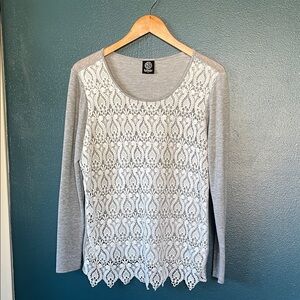 bobeau Grey Lace Front Long Sleeve Blouse